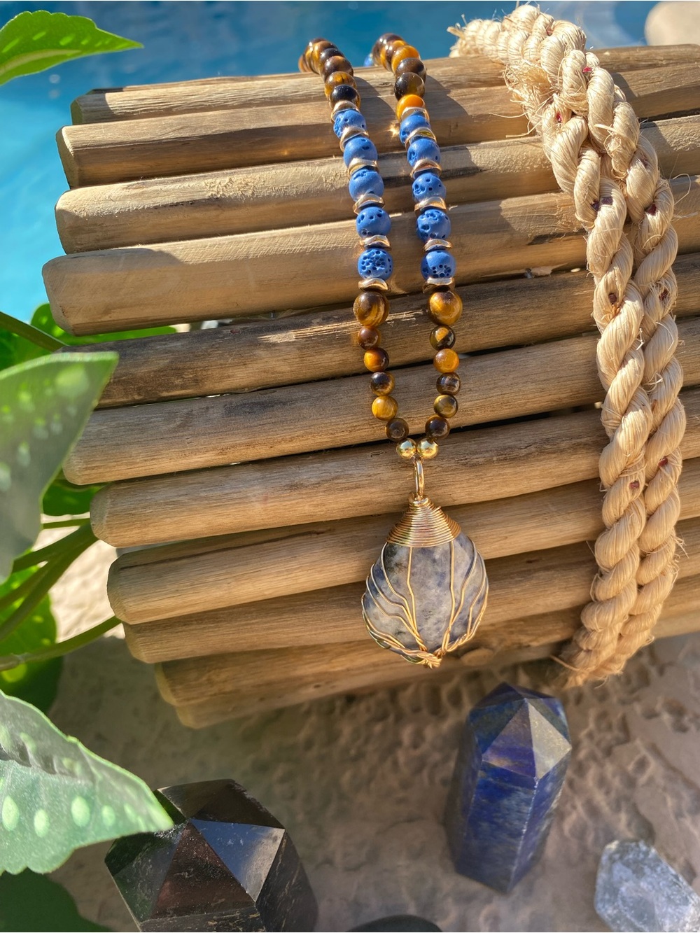 Unisex Handmade Tiger eye beaded Necklace w Gold Wire-Wrapped Sodalite Pendant